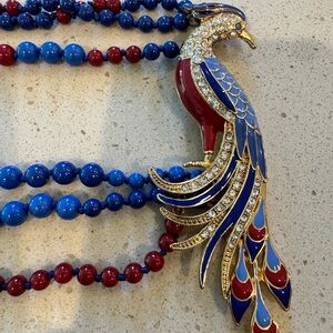Elegant Blue and Red Peacock Necklace